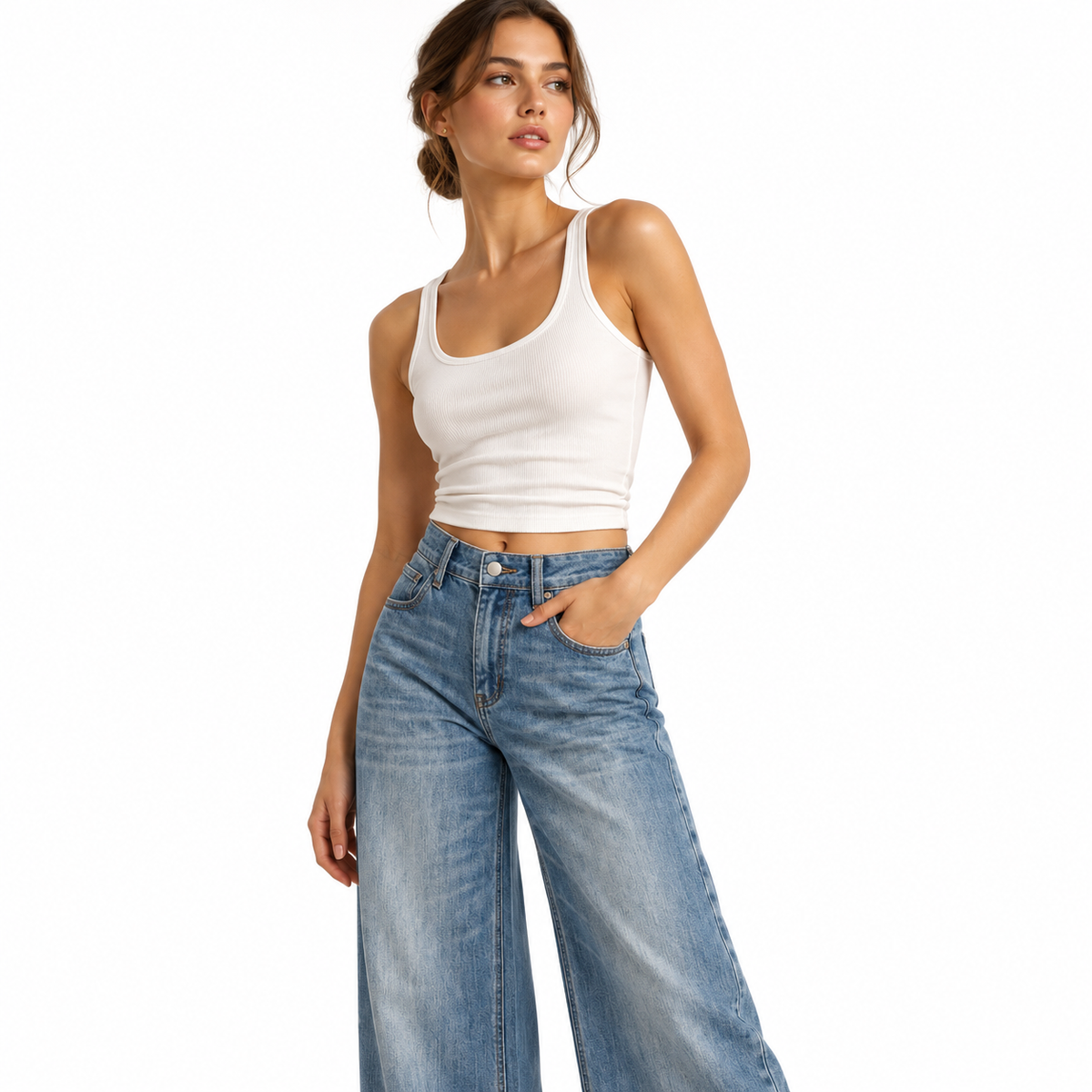The Retro-Wash High-Rise Wide-Leg Jeans MinimalistWhite-BackdropDenimPortrait