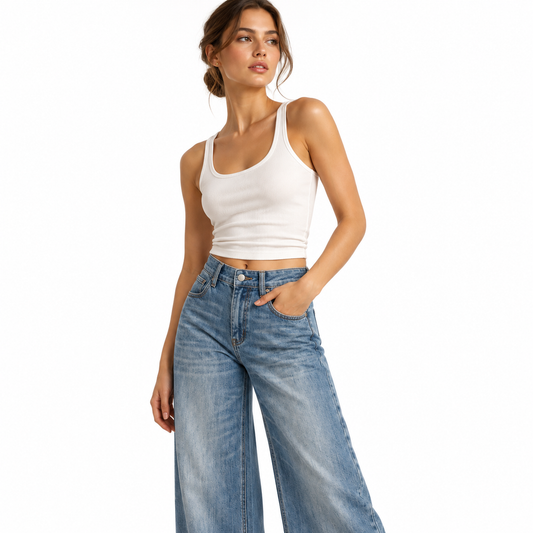 The Retro-Wash High-Rise Wide-Leg Jeans MinimalistWhite-BackdropDenimPortrait