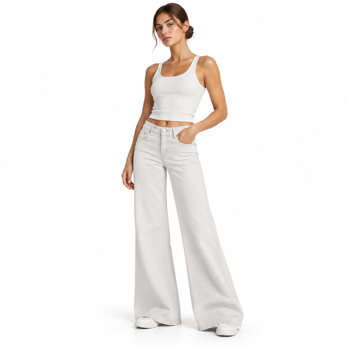 The Vintage-Wash High-Rise Flare Jeans MinimalistWhiteDenimStudioPortrait