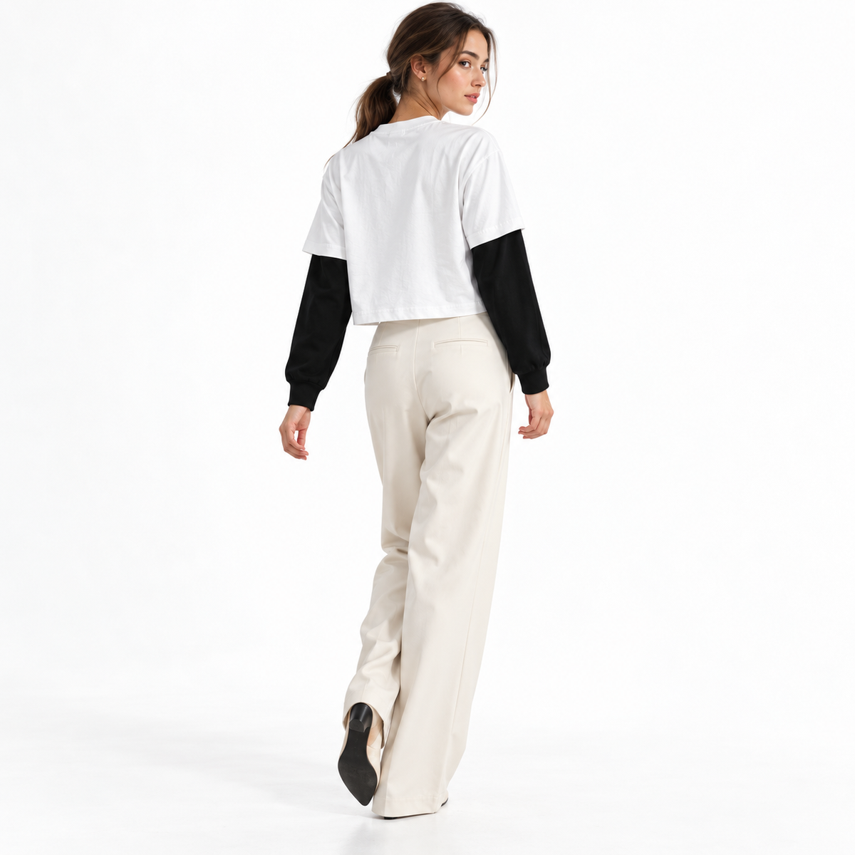 The Contrast Panel Long Sleeve White Tee MinimalistWhiteStudioBack-TurnedFashionLook