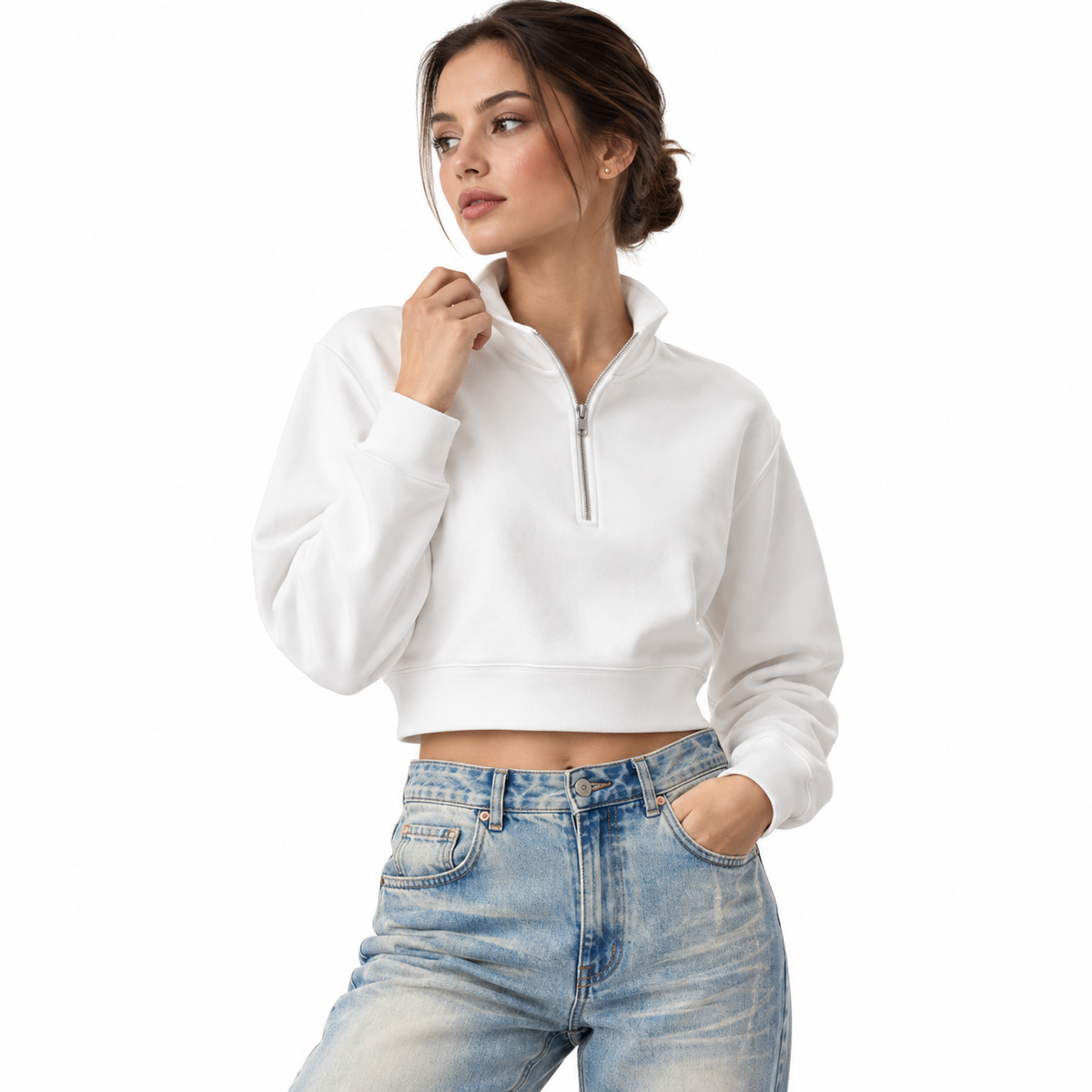Women's Crop Quarter-Zip Sweatshirt MinimalistWhiteSweatshirtFashionPortrait