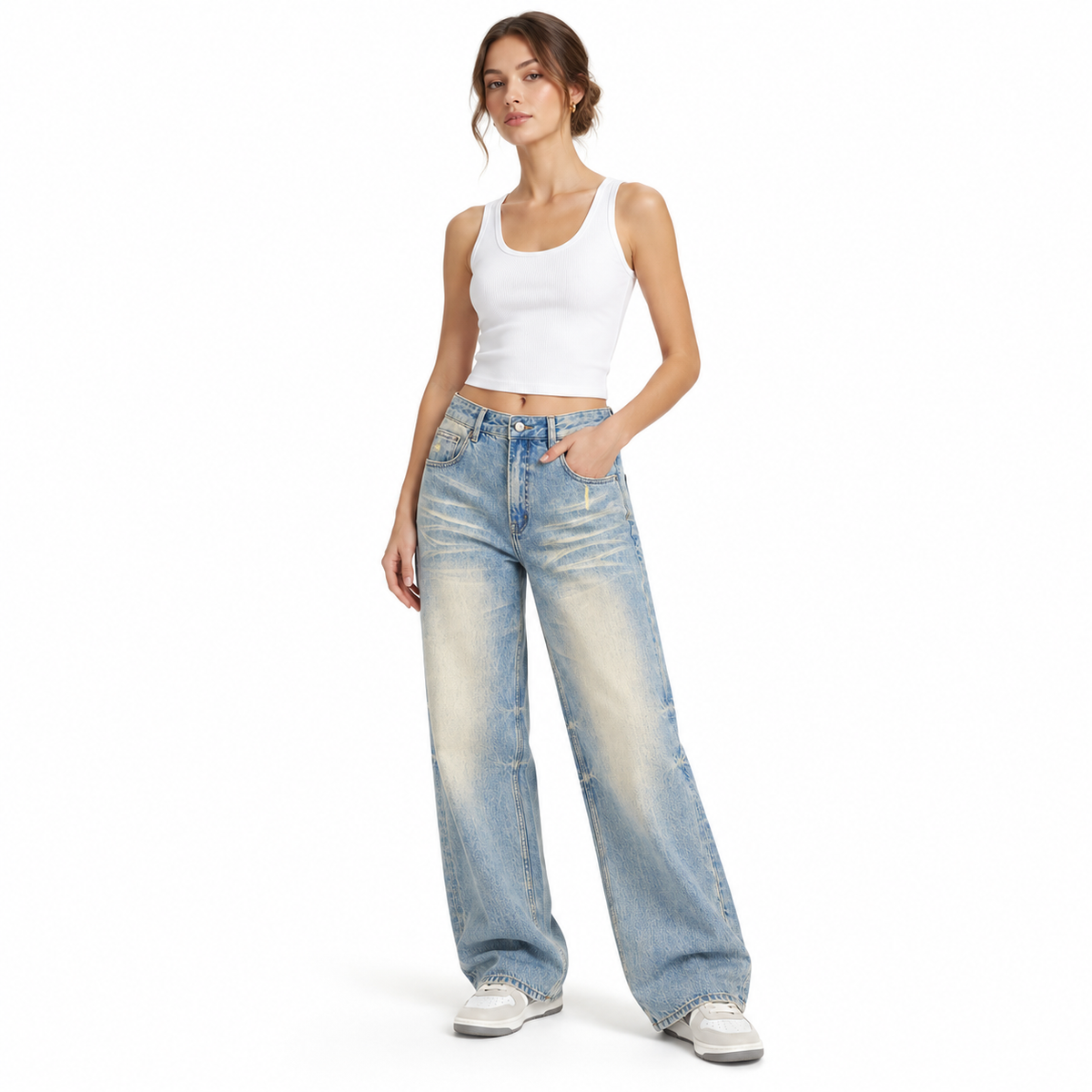 The Sun-Washed Raw-Hem Wide-Leg Jeans MinimalistWhiteTankandRelaxedDenim