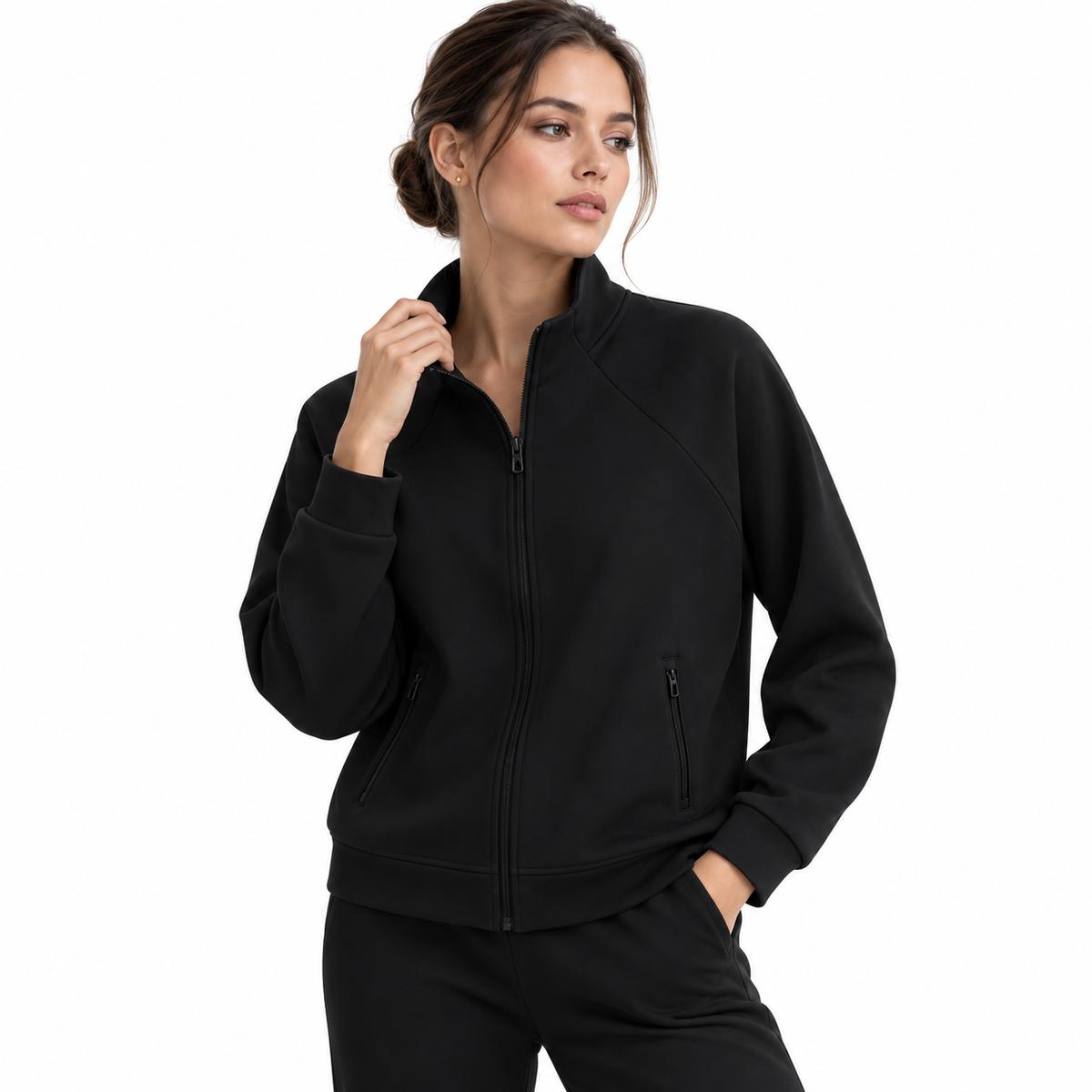 The Structured Stand-Collar Track Jacket Minimalist_Black_Athleisure_Portrait