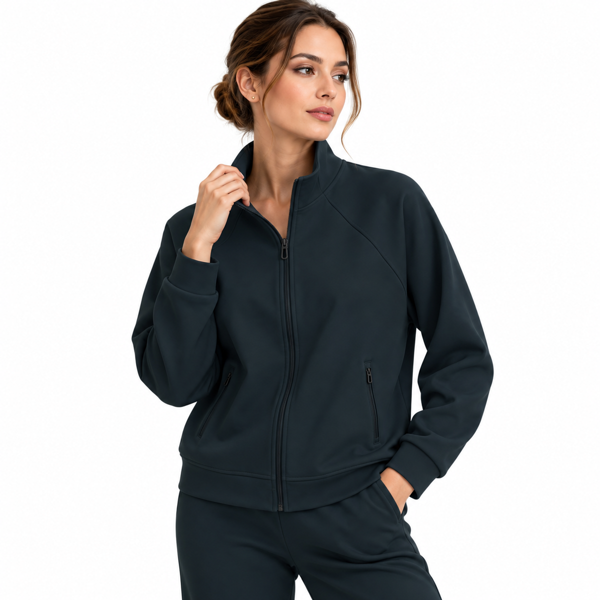 The Structured Stand-Collar Track Jacket Minimalist_Charcoal_Athleisure_Portrait