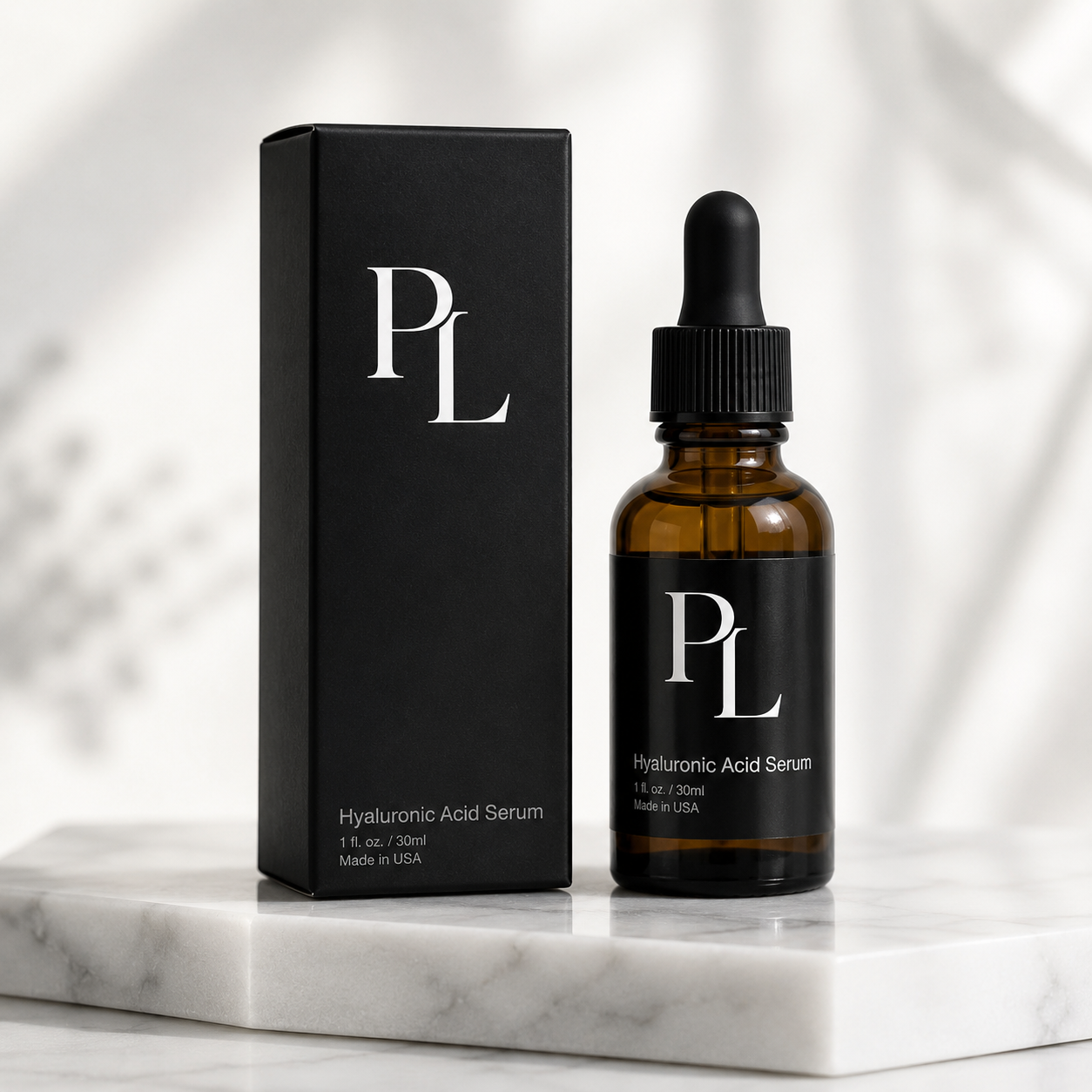 Hyaluronic Acid Serum bottle and packaging on a marble surface with a blurred background