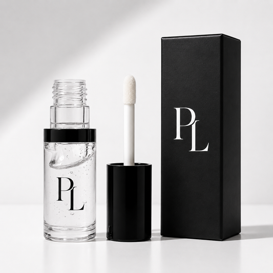 Clear lip gloss with applicator and black box featuring 'PL' logo on a light gray background