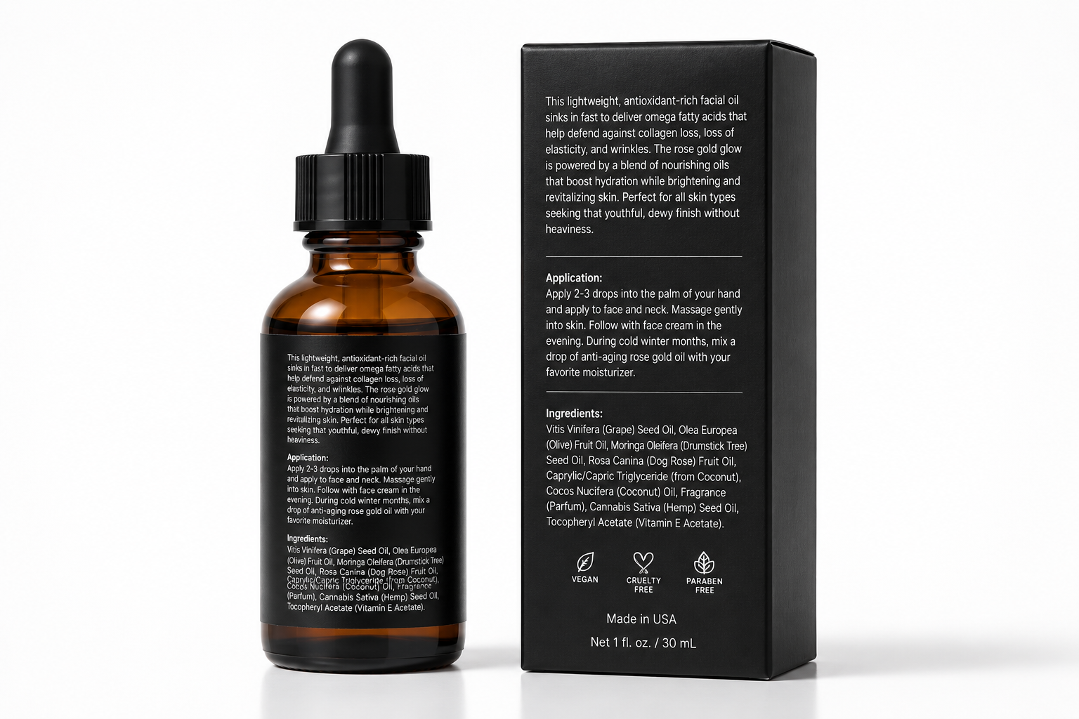 Radiance Face Oil | Rosehip & Moringa Facial Oil Minimalistproductshotwithamberglassbottle