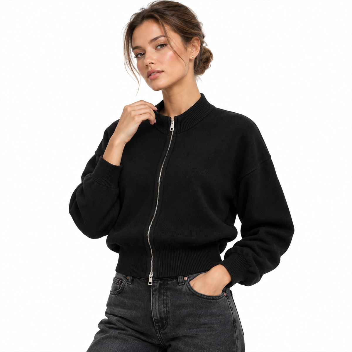 Women’s Mock Neck Zip Up Cardigan ModernBlackZip-UpSweaterPortrait