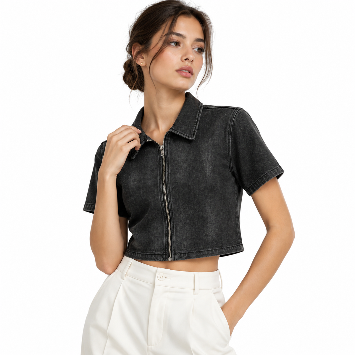 The Heritage Zip-Front Denim Overshirt Modern_Charcoal_Denim_Fashion_Portrait