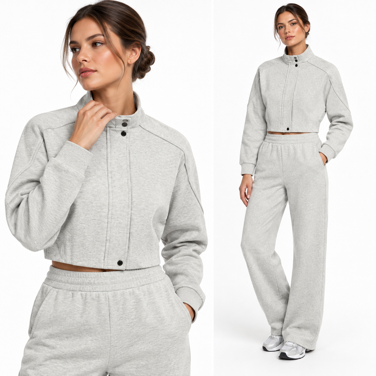 The Cropped Stand-Collar Button-Front Jacket MonochromeGrayTracksuitStudioLook
