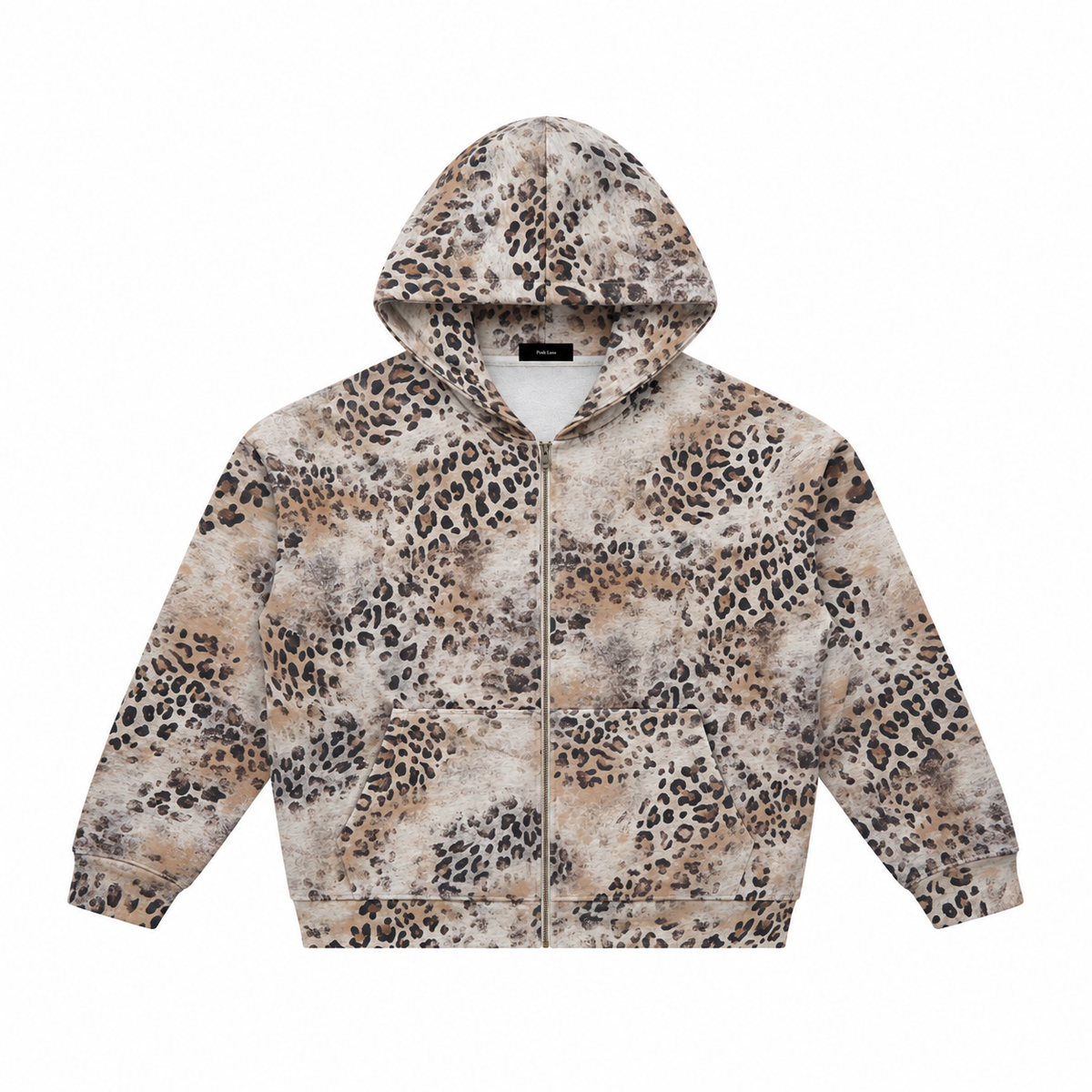 Unisex Vintage Wash Leopard Full Zip Hoodie Leopard Apricot MottledLeopardPrintZipHoodie