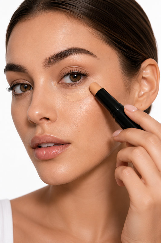 Creme Concealer Stick - Almond Naturalbeautyclose-upwithmakeupapplication