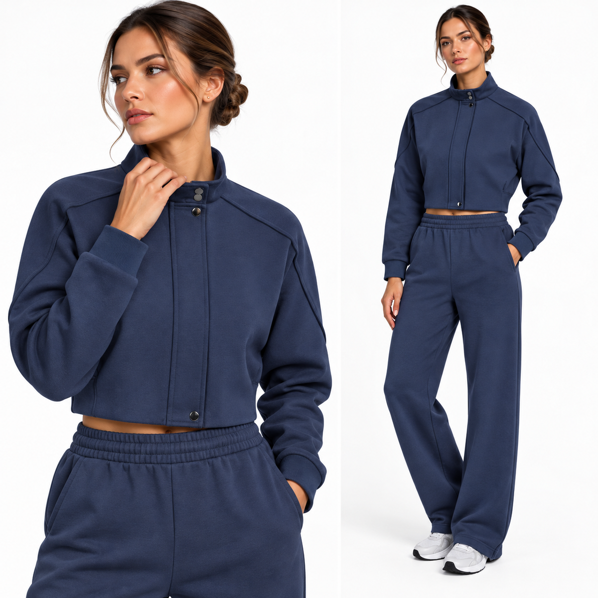 The Cropped Stand-Collar Button-Front Jacket NavyAthleisureDuoPortrait