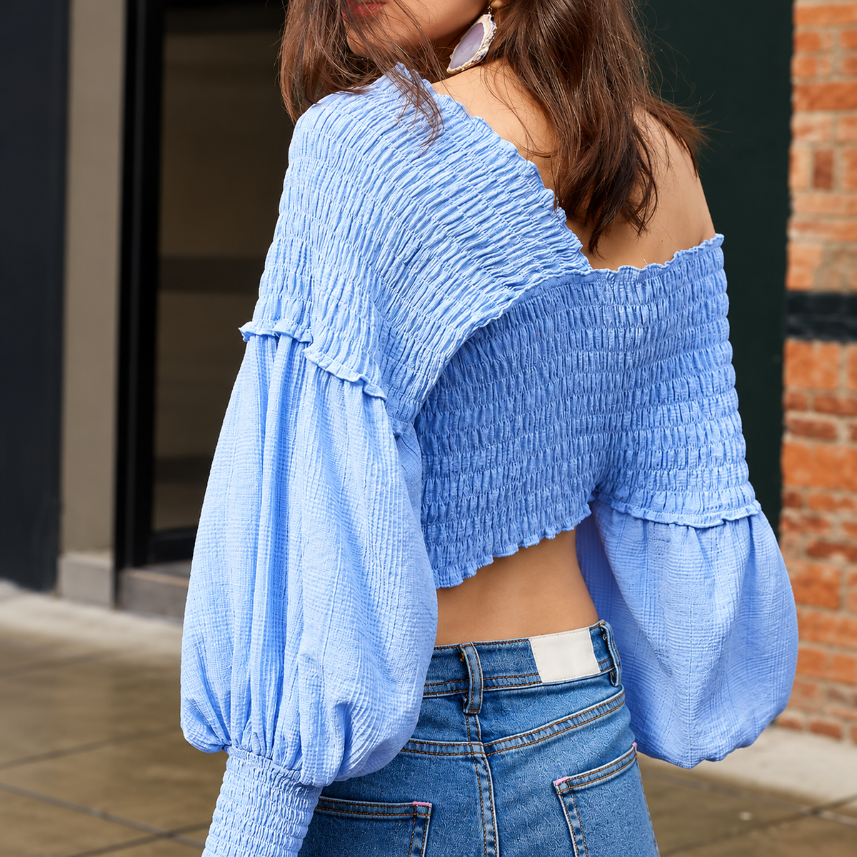 The Azure Jacquard Sculpted Crop Top PastelBluePuff-SleeveStreetStyle