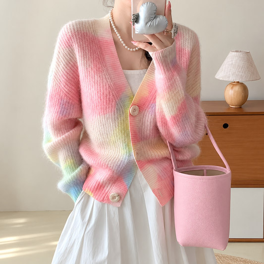 The Contrast Panel V-Neck Cardigan PINK One Size PastelKnitCardiganMirrorSelfie