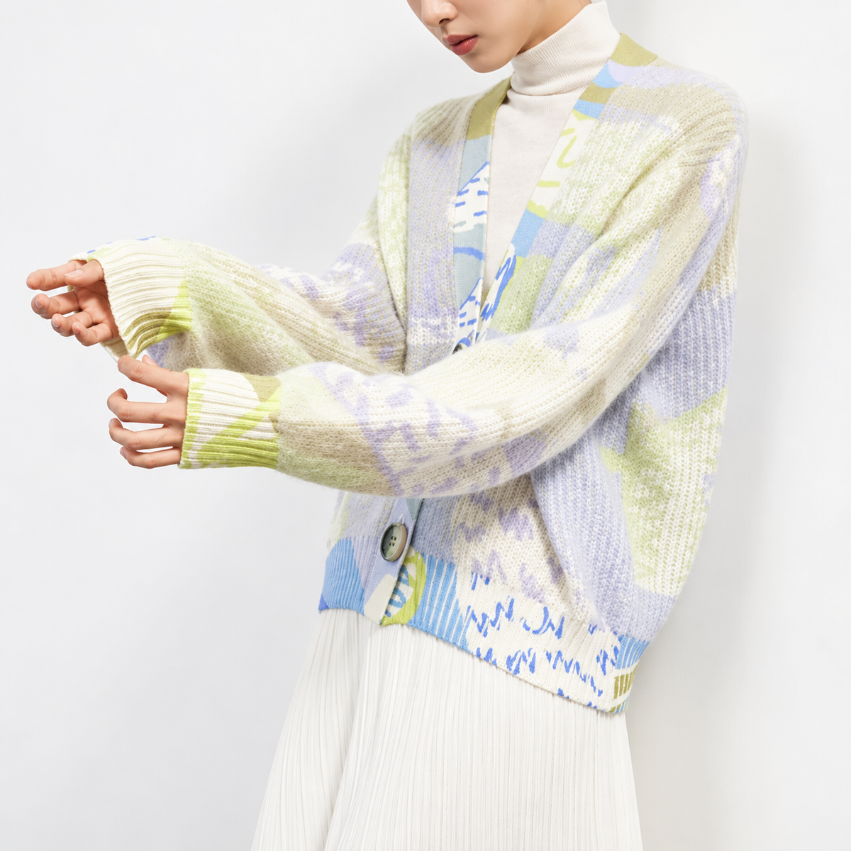 The Contrast Panel V-Neck Cardigan PastelKnitwearEditorialPortrait