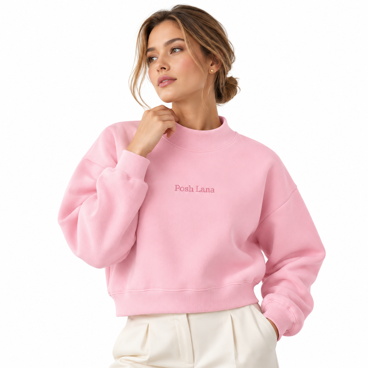The Relaxed Fleece Mock-Neck Pink Sweatshirt PastelPinkPoshLanaSweatshirtPortrait