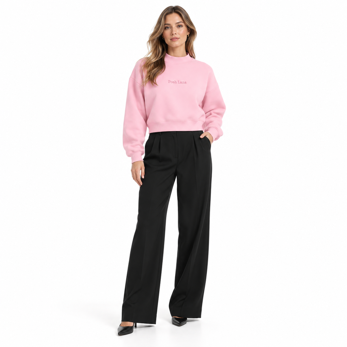 The Relaxed Fleece Mock-Neck Pink Sweatshirt PastelPinkSweatshirtandWide-LegTrousers