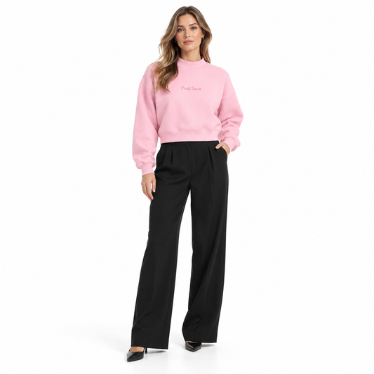 The Relaxed Fleece Mock-Neck Pink Sweatshirt PastelPinkSweatshirtandWide-LegTrousers