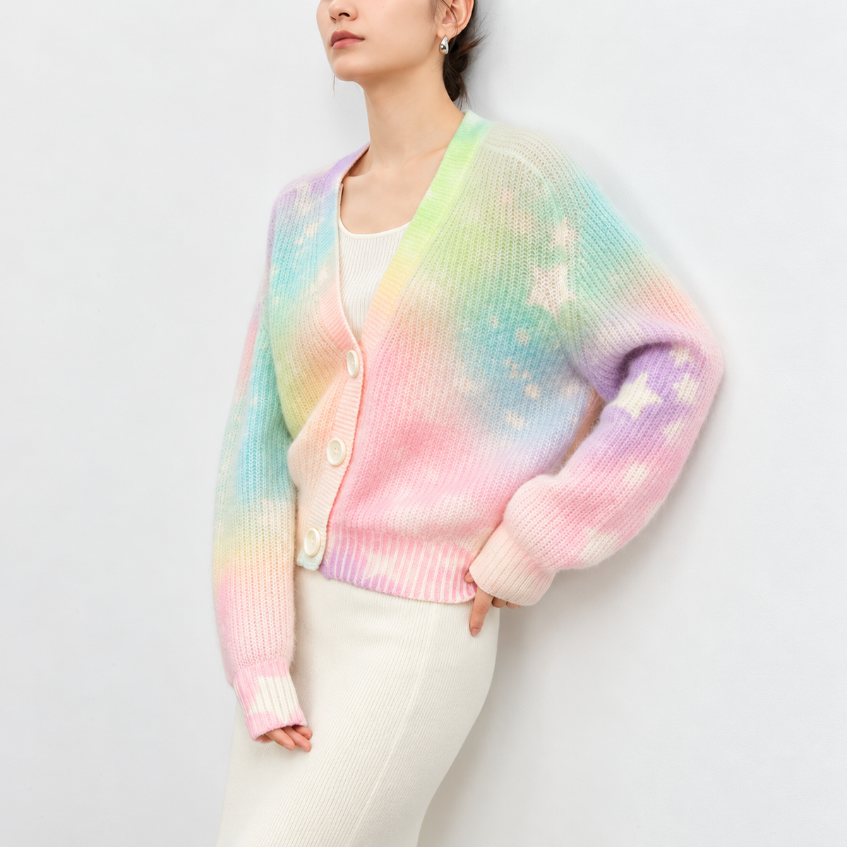 The Contrast Panel V-Neck Cardigan PastelRainbowCardiganEditorialPortrait