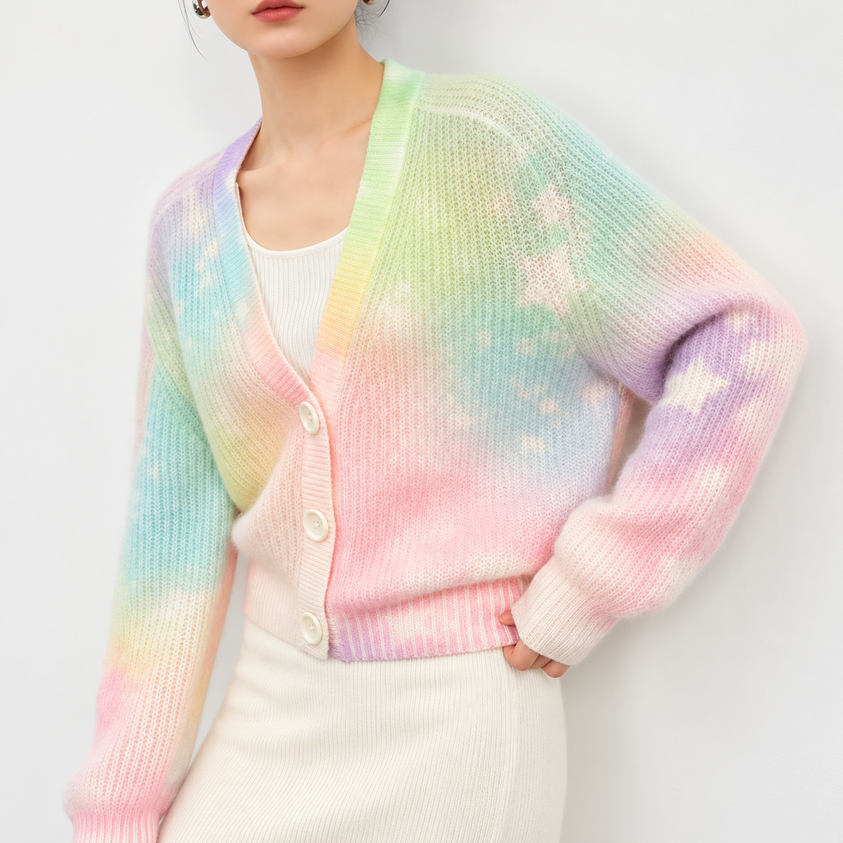 The Contrast Panel V-Neck Cardigan PastelRainbowCardiganPortrait