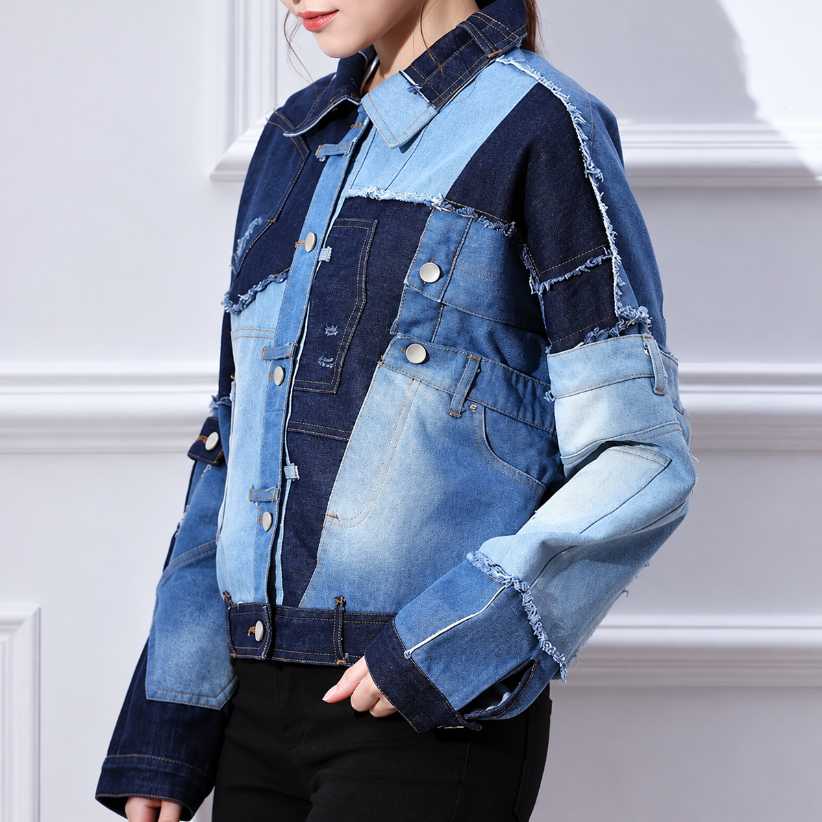 The Contrast-Panel Cropped Denim Jacket PatchworkDenimJacketPortrait