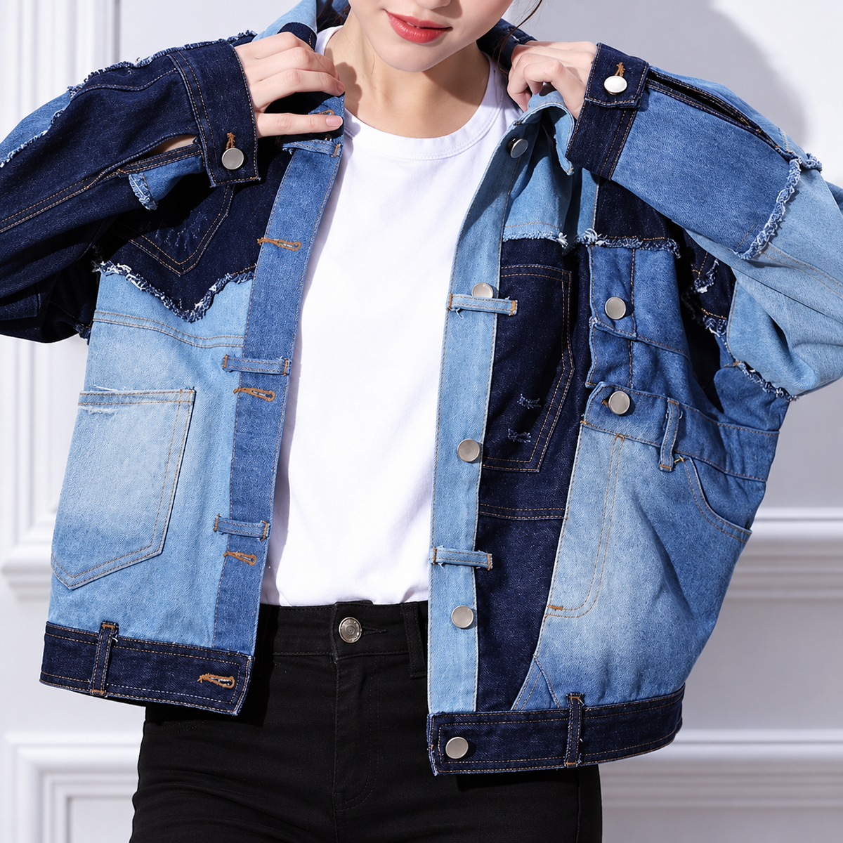 The Contrast-Panel Cropped Denim Jacket PatchworkDenimJacketPortrait2