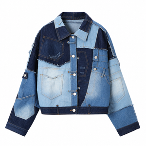 The Contrast-Panel Cropped Denim Jacket Blue PatchworkDenimJacketonWhite