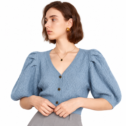 The Sculpted Puff-Sleeve V-Neck Cardigan PensivePortraitinSkyBlueKnitwear