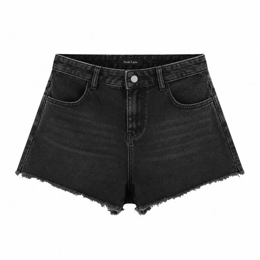 The Vintage-Wash High-Rise A-Line Denim Shorts Black PoshLanaCharcoalDenimShorts