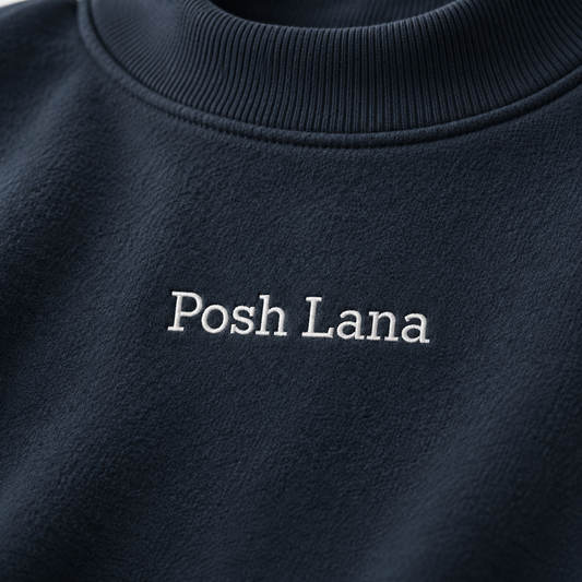 The Relaxed Fleece Mock-Neck Blue Sweatshirt Navy Blue PoshLanaEmbroideredSweatshirtClose-Up_f832403a-7577-4de3-9fba-4599f3348531