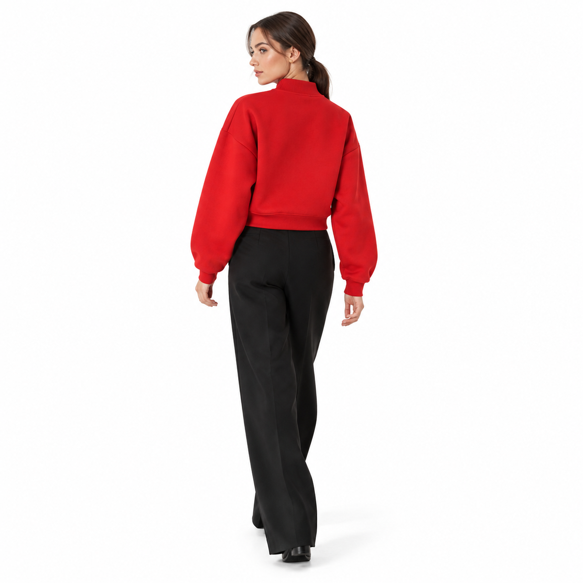 The Relaxed Fleece Mock-Neck Red Sweatshirt RedSweatshirt_BlackTrousersEditorialPose