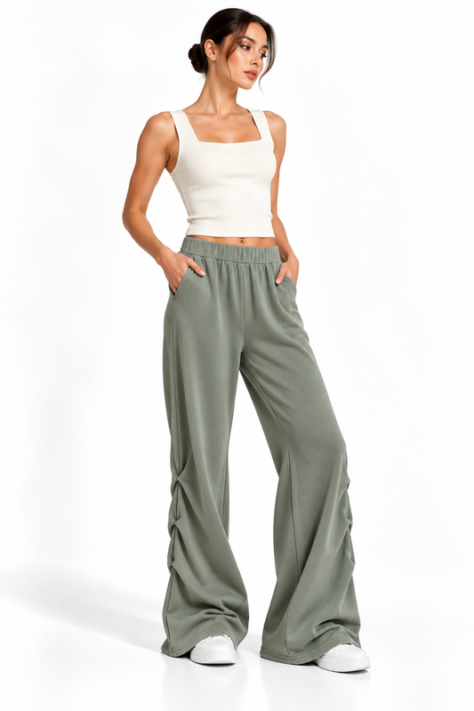 Women’s Vintage Wash Ruched Sweatpants SageWide-LegLoungeLook