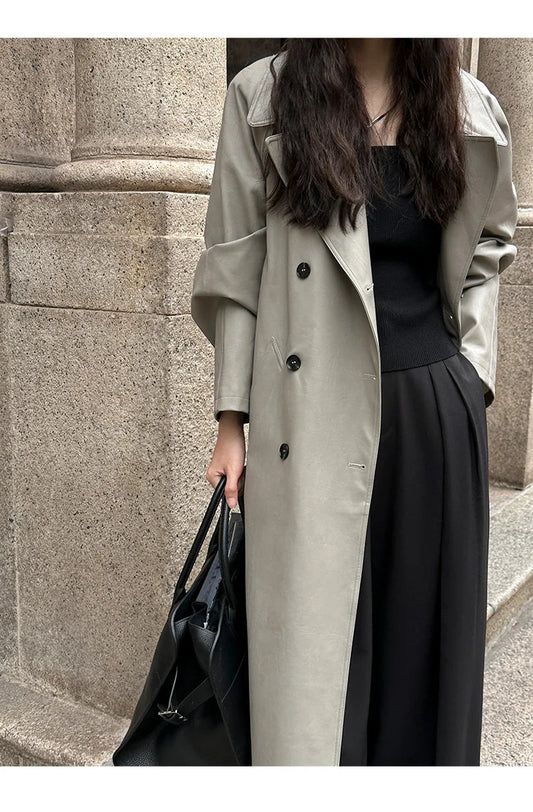 PU Leather Belted Trench Coat