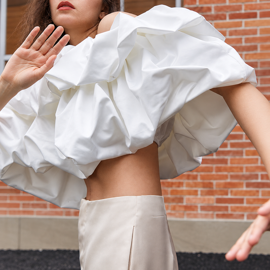 The Sculpted Pleat Strapless Top SculpturalWhiteBlouseEditorialPortrait