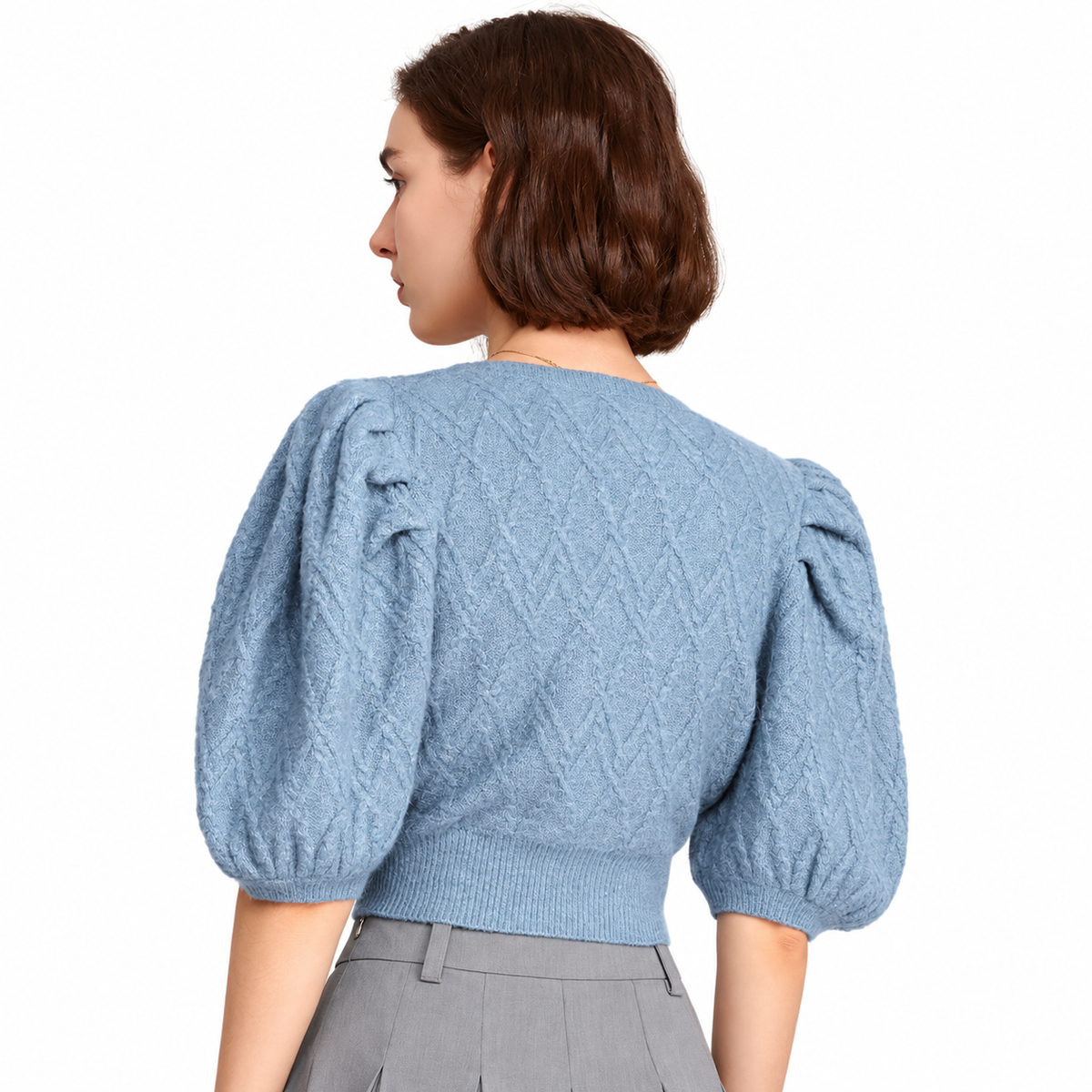 The Sculpted Puff-Sleeve V-Neck Cardigan SkyBlueCable-KnitFashionPortrait