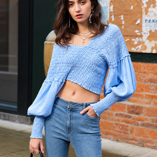 The Azure Jacquard Sculpted Crop Top UrbanBlueElegance