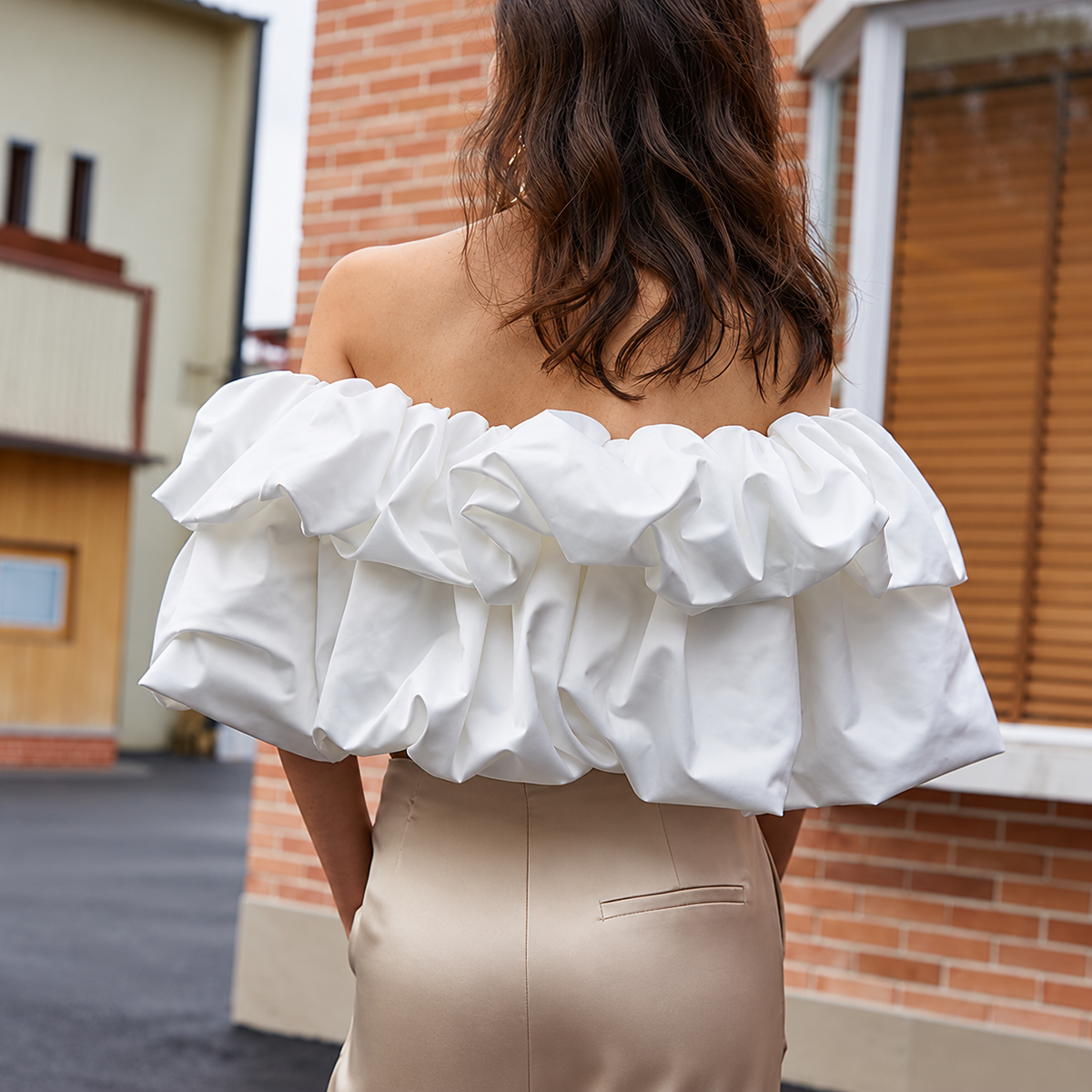 The Sculpted Pleat Strapless Top UrbanRuffledBlouseFashionPortrait