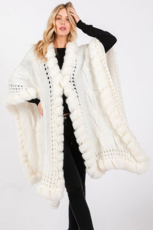 Faux Fur Collar And Trim Cape With Closure Ivory One Size Fits All WH200249460B