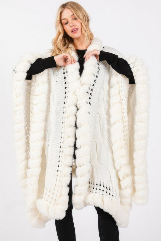 Faux Fur Collar And Trim Cape With Closure WH200249460C