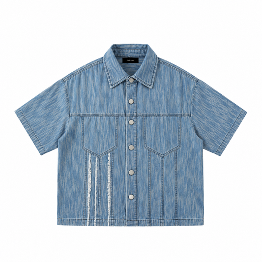 The Distressed Panel Vintage Denim Shirt Blue WashedBlueDenimShort-SleeveJacket