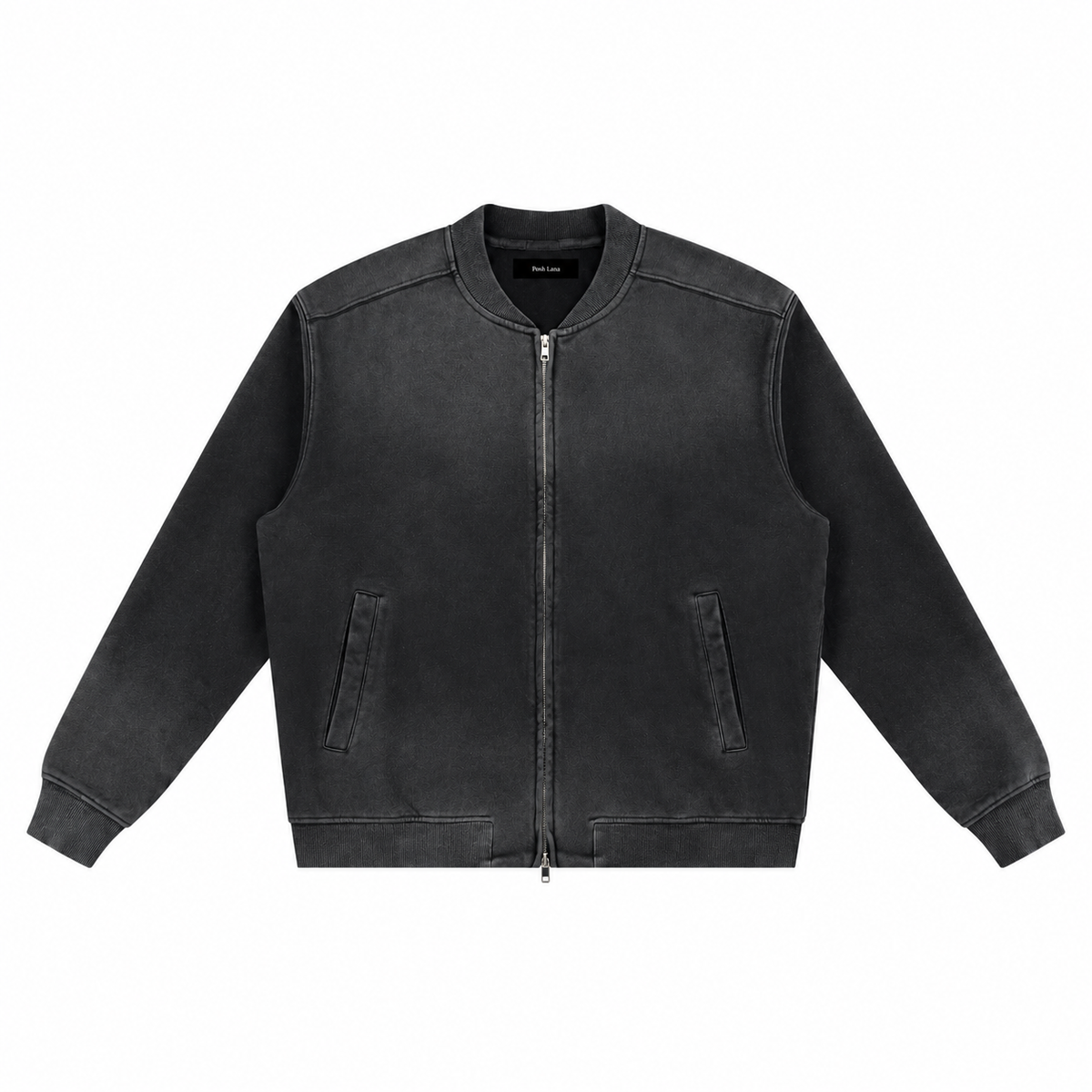The Sun-Faded Heavyweight Baseball Jacket Black WashedCharcoalBomberJacketwithLabel