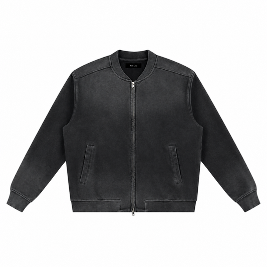 The Sun-Faded Heavyweight Baseball Jacket Black WashedCharcoalBomberJacketwithLabel