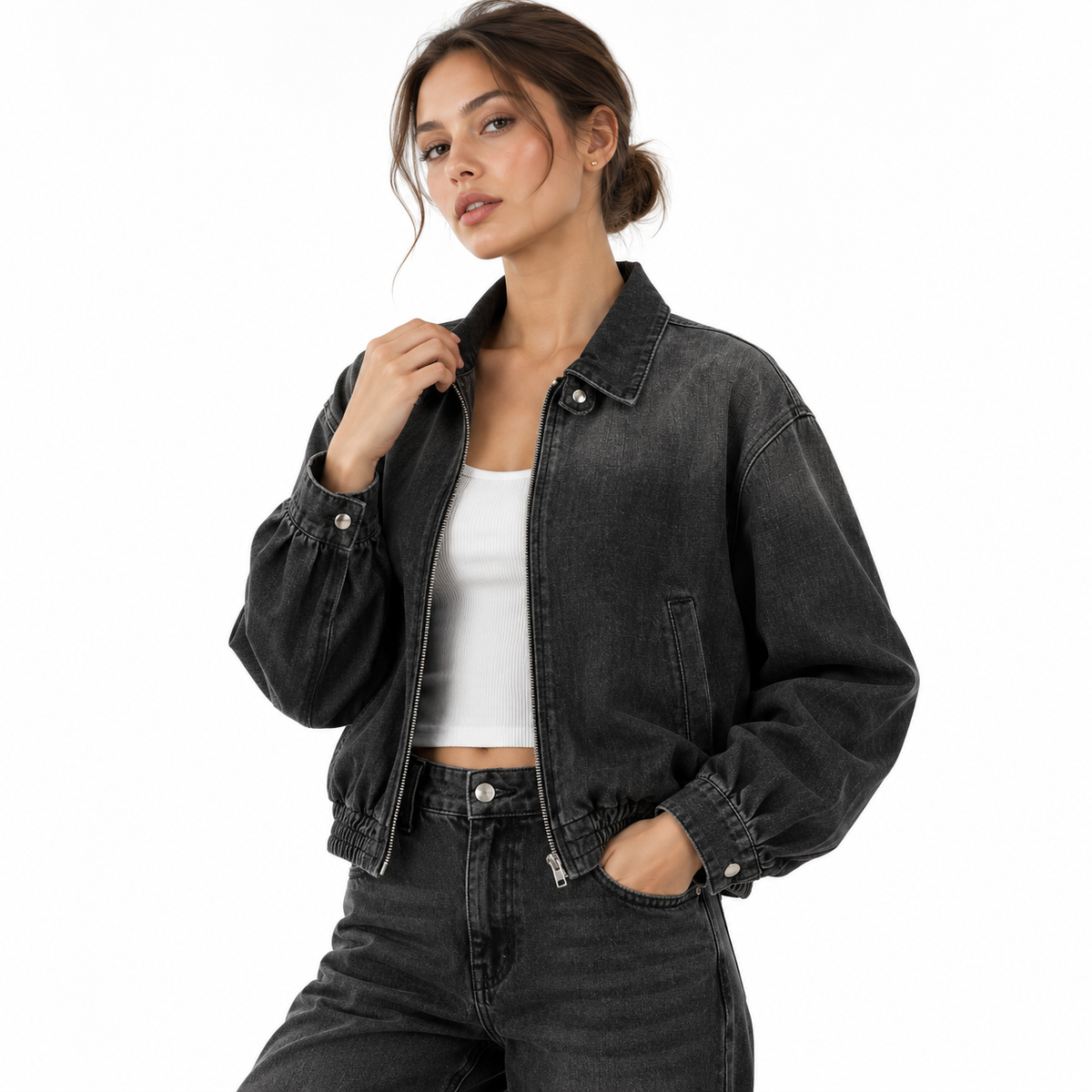 The Sun-Faded Full-Zip Denim Jacket WashedDenimBomberFashionPortrait