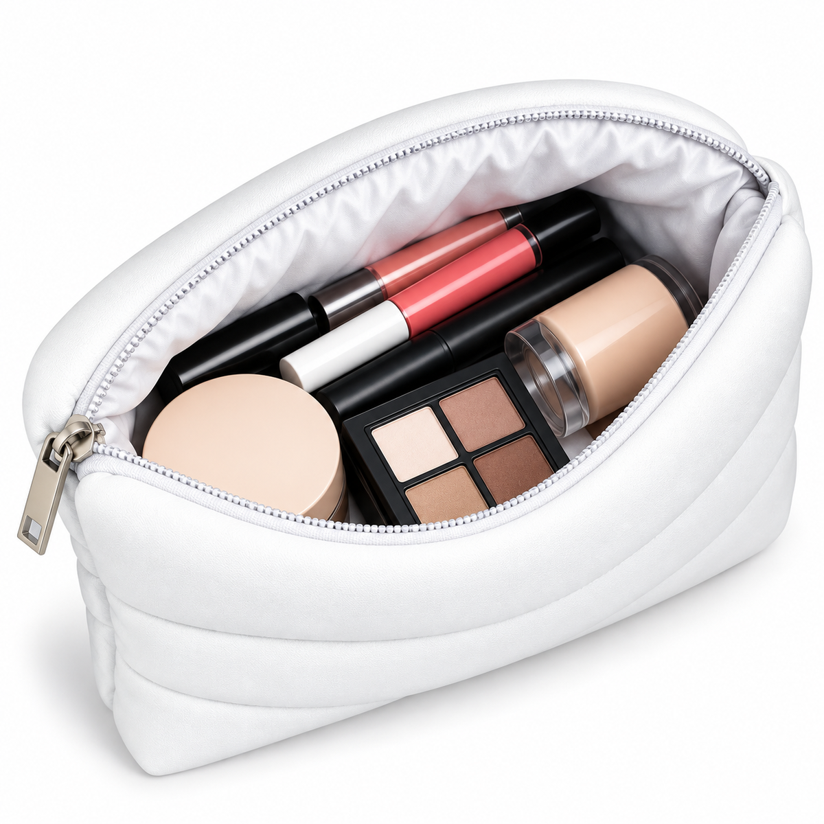 Makeup Bag - White WhiteQuiltedCosmeticPouchwithMakeup