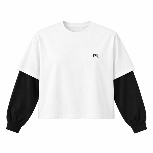 The Contrast Panel Long Sleeve White Tee White with Black WhiteandBlackLayeredSleeveSweatshirt