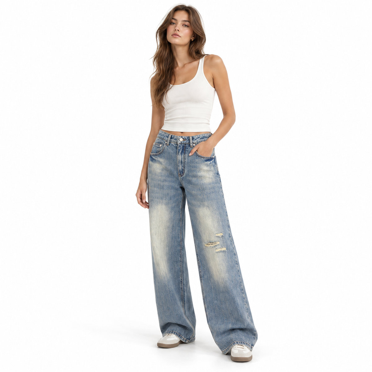 The Distressed Wide-Leg Denim Jeans Wide-LegDistressedDenimLook
