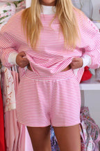Pink Stripe Oversize Mock Neck Sweatshirt and Shorts Set a0008c3934db6b6e