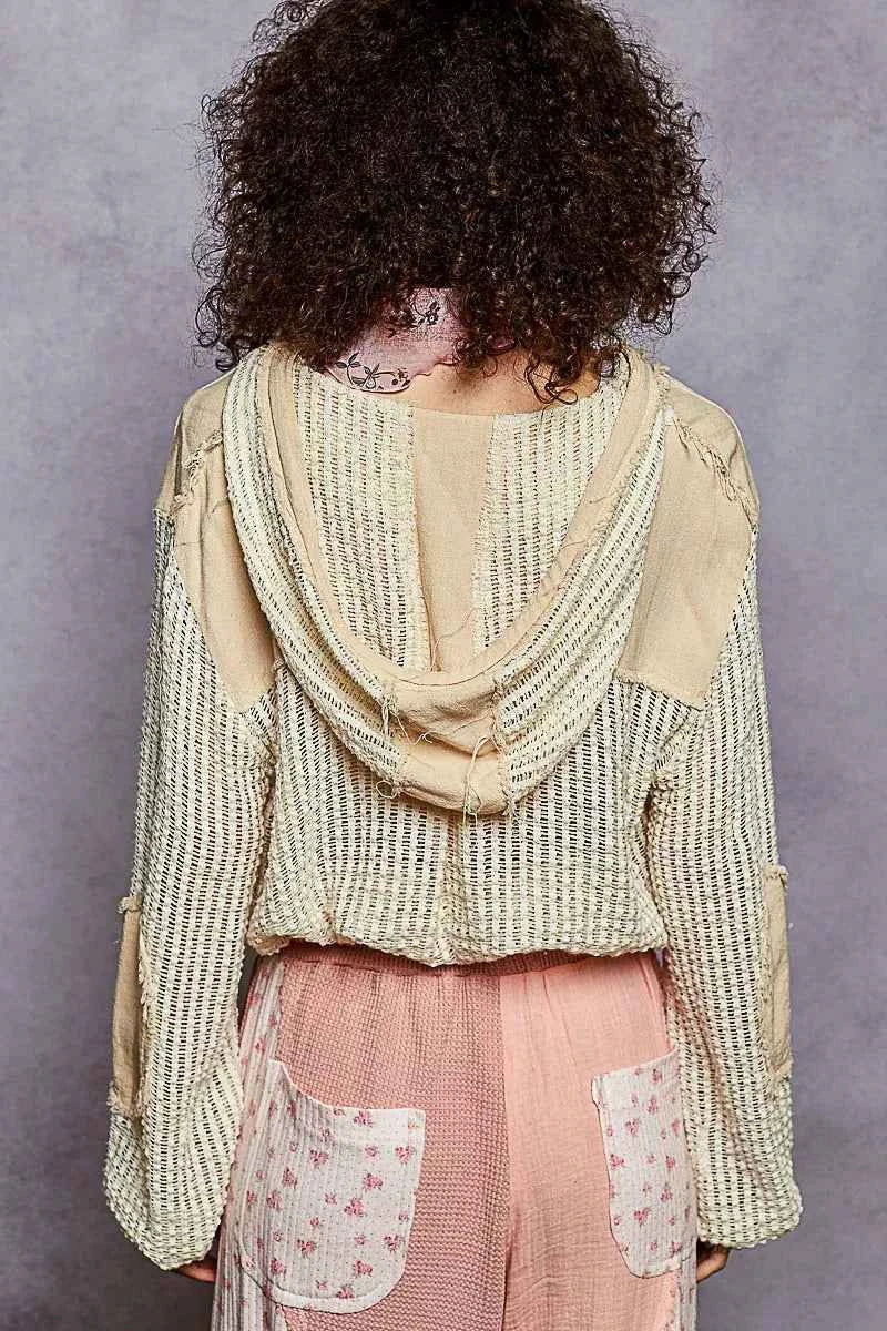 POL Texture Woven Button Down Hooded Shirt with Drawstring Hem a001cd2c-3521-46c8-8249-062476153ab3-Max-Origin