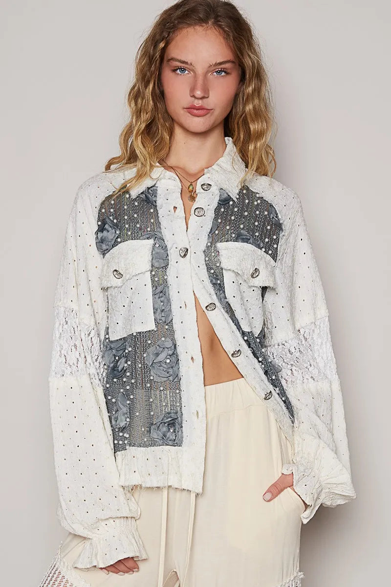 POL Eyelet Flower Pearl Detail Lace Patchwork Shirt Charcoal Cream a002281b-124f-4733-ac78-8d1f43a214ae-Max